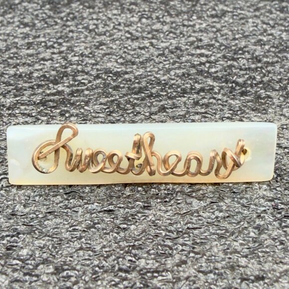 Vintage Mother Of Pearl Sweetheart Handwritten Copper Wired Brooch Pin - Picture 4 of 16